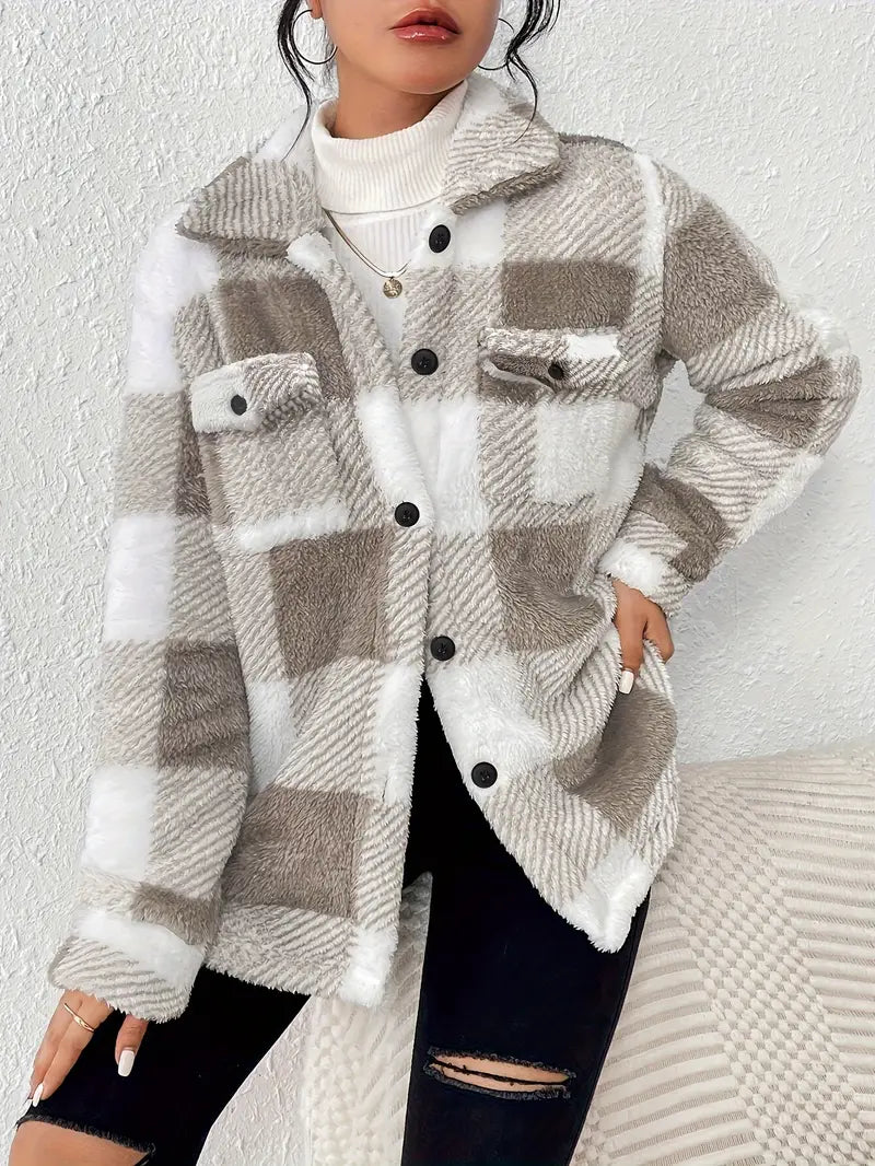 Cozy Fuzzy Plaid Shacket - Khaki