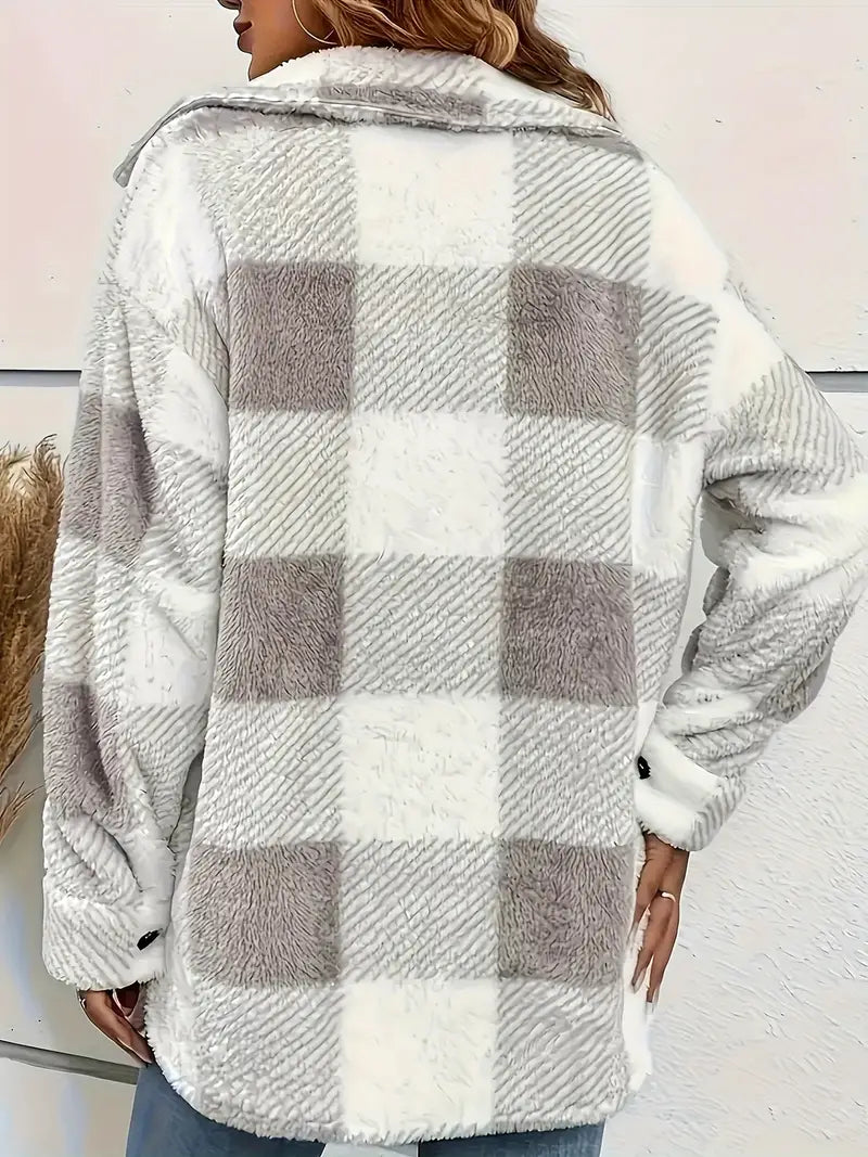 Cozy Fuzzy Plaid Shacket - Gray
