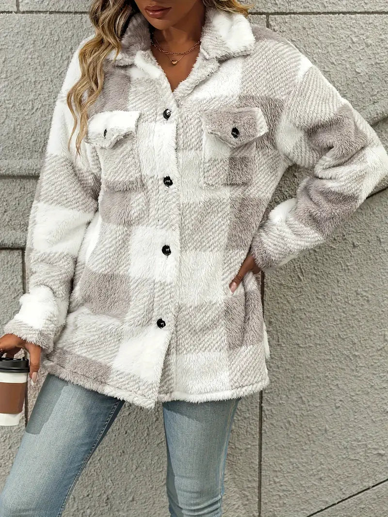 Cozy Fuzzy Plaid Shacket - Gray