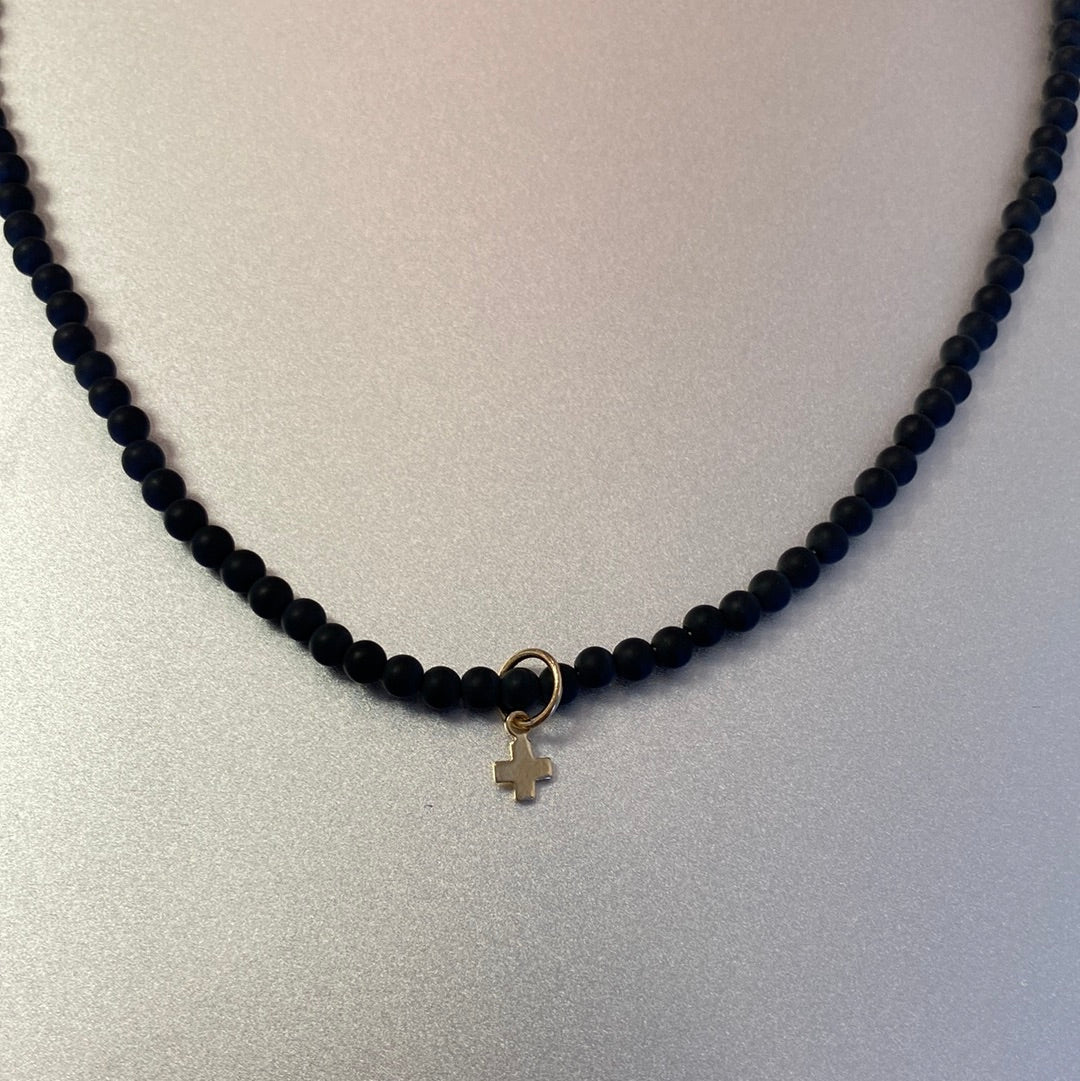 15" Choker Gemstone 3mm - Signature Cross Small Gold Charm Matte Onyx