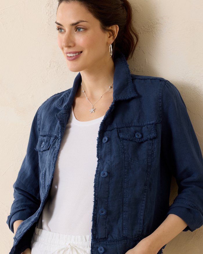 Two Palms Linen Raw-Edge Jacket - Island Navy